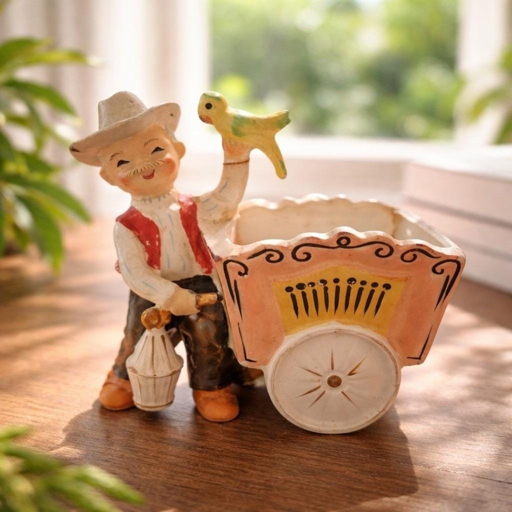 Vintage 1950s Enesco Organ Grinder & Parrot Ceramic Planter 5" Tall Hand Painted